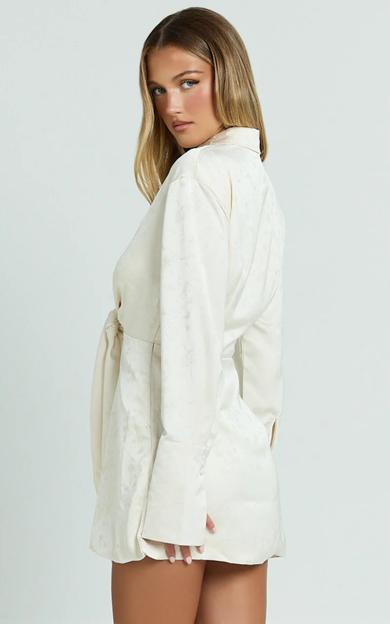 Paola Mini Dress - Tie Front Collared Skirt Dress in Off White