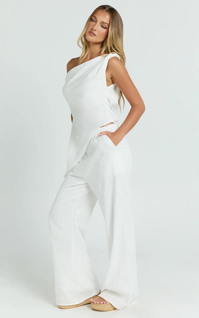Annalie Two Piece Top and Pants Set - Off Shoulder Linen Set in White