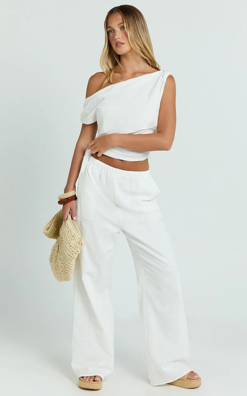 Annalie Two Piece Top and Pants Set - Off Shoulder Linen Set in White