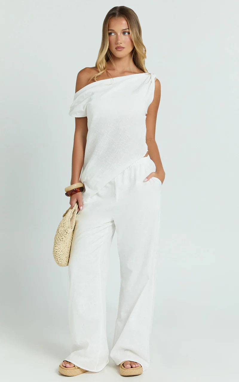 Annalie Two Piece Top and Pants Set - Off Shoulder Linen Set in White