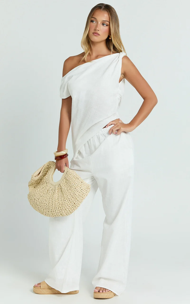 Annalie Two Piece Top and Pants Set - Off Shoulder Linen Set in White