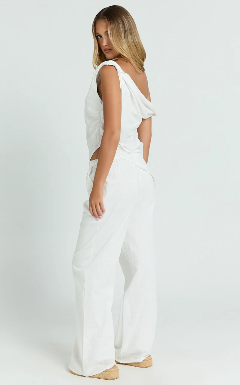 Annalie Two Piece Top and Pants Set - Off Shoulder Linen Set in White