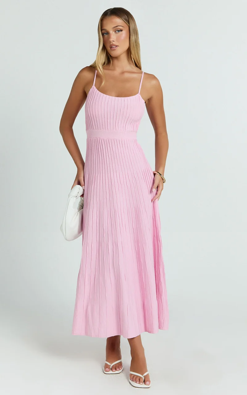 Donissa Midi Dress - Panelled Knit Dress in Pale Pink