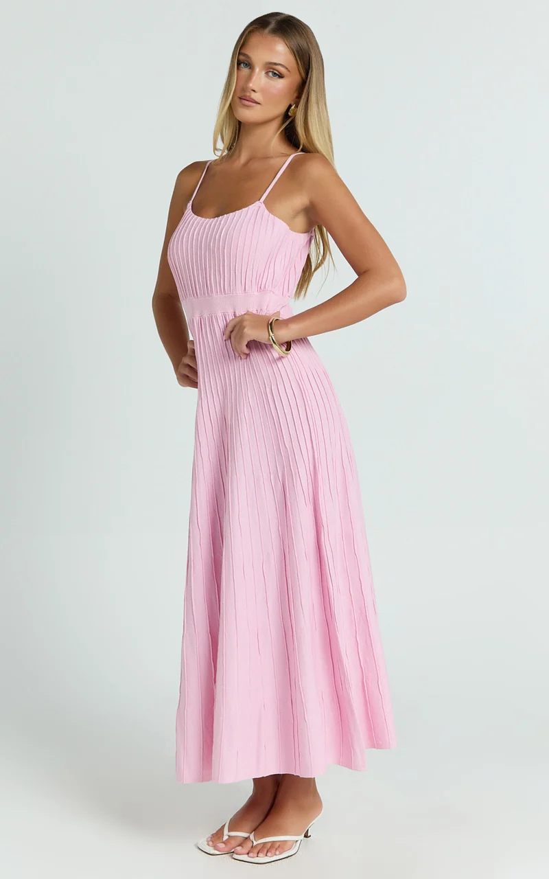 Donissa Midi Dress - Panelled Knit Dress in Pale Pink