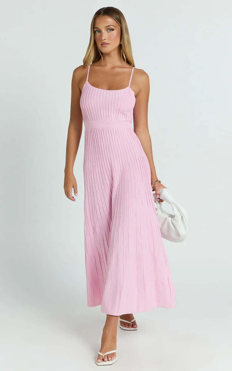 Donissa Midi Dress - Panelled Knit Dress in Pale Pink