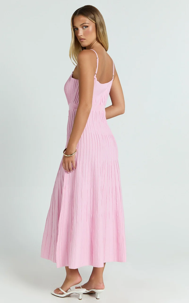 Donissa Midi Dress - Panelled Knit Dress in Pale Pink