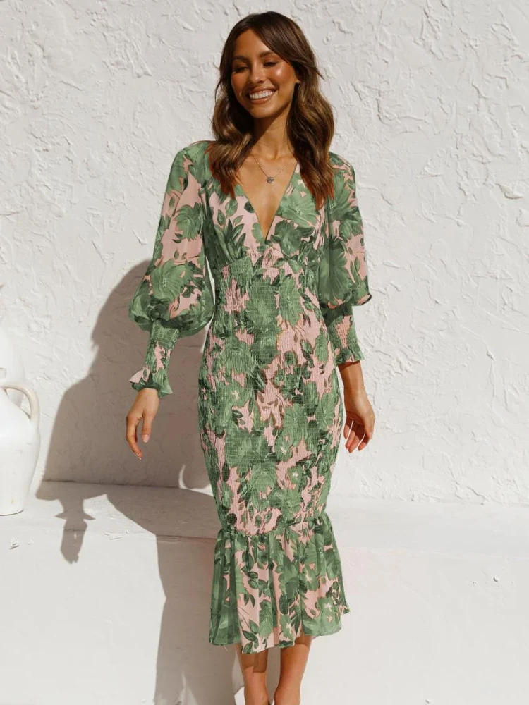 Robe Florale Verte Manches Lanternes