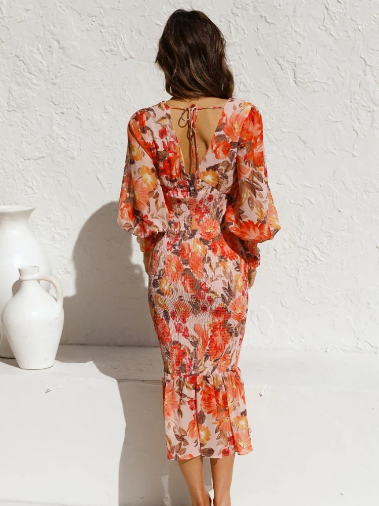 Robe Florale Orange Manches Lanternes