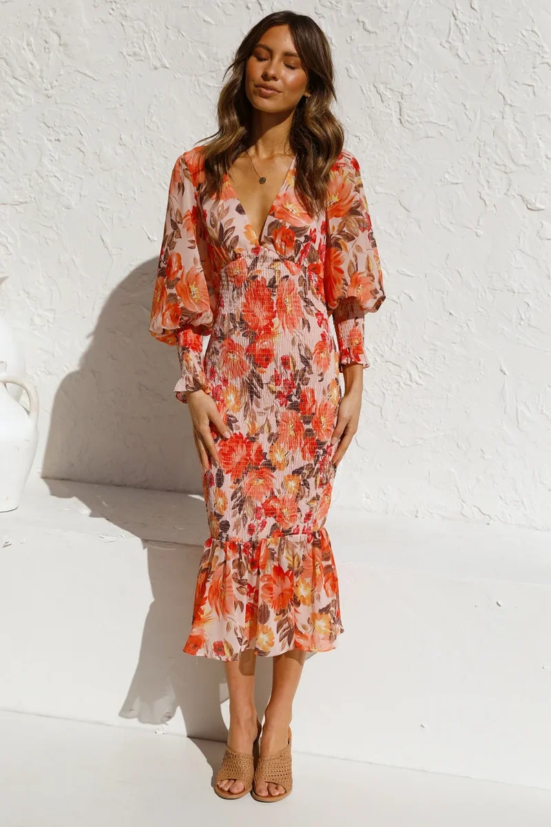 Robe Florale Orange Manches Lanternes