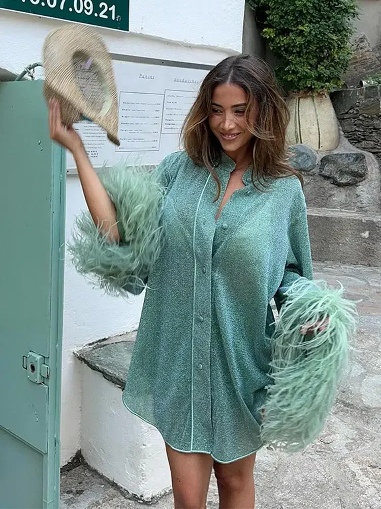 Tunique Ample Bleue avec Plumes