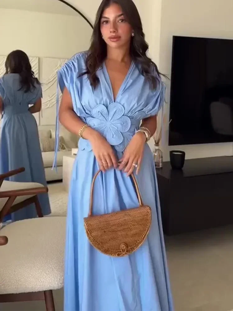 Robe Longue Bleue Élégante Été