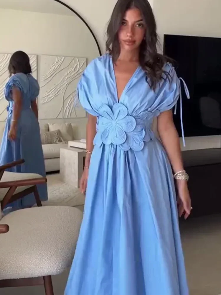 Robe Longue Bleue Élégante Été