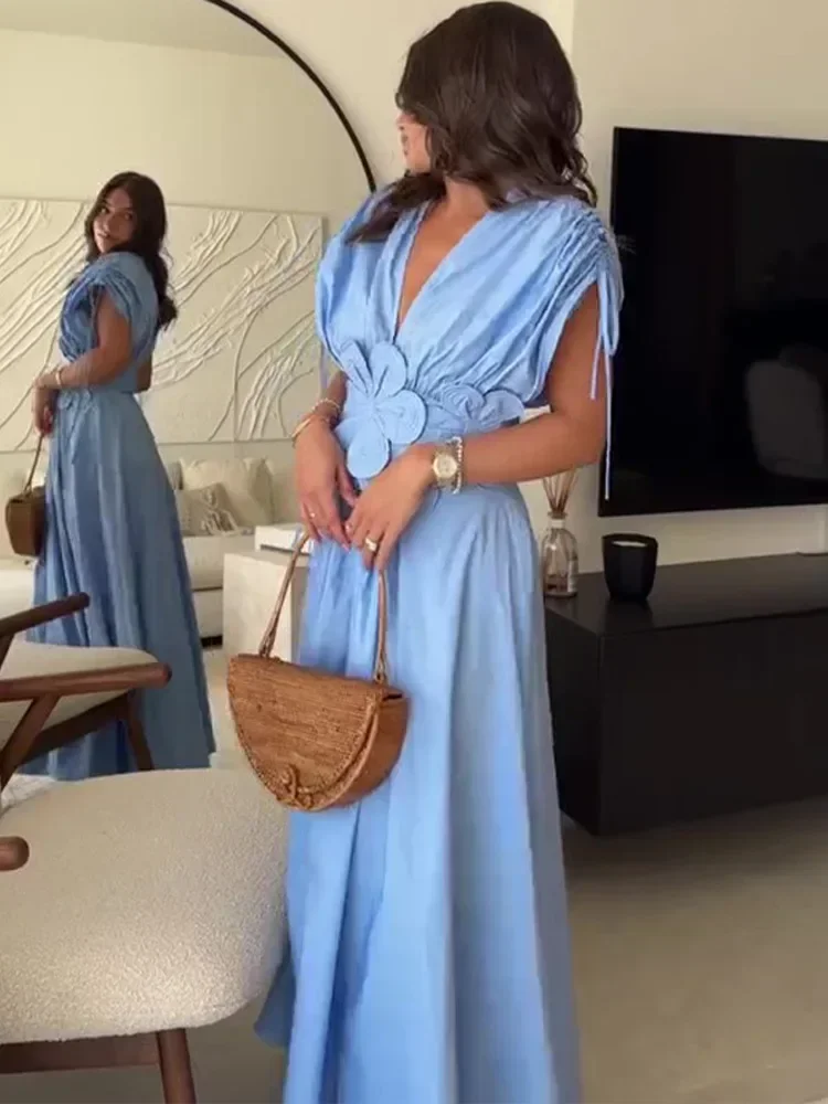 Robe Longue Bleue Élégante Été