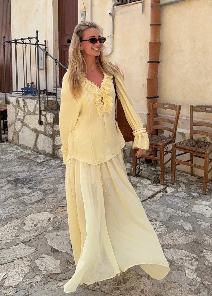 Ensemble Blouse et Jupe Longue Jaune Pastel