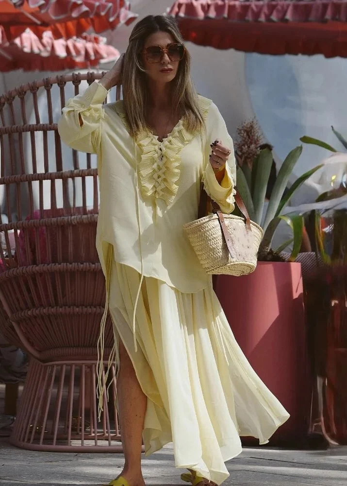 Ensemble Blouse et Jupe Longue Jaune Pastel