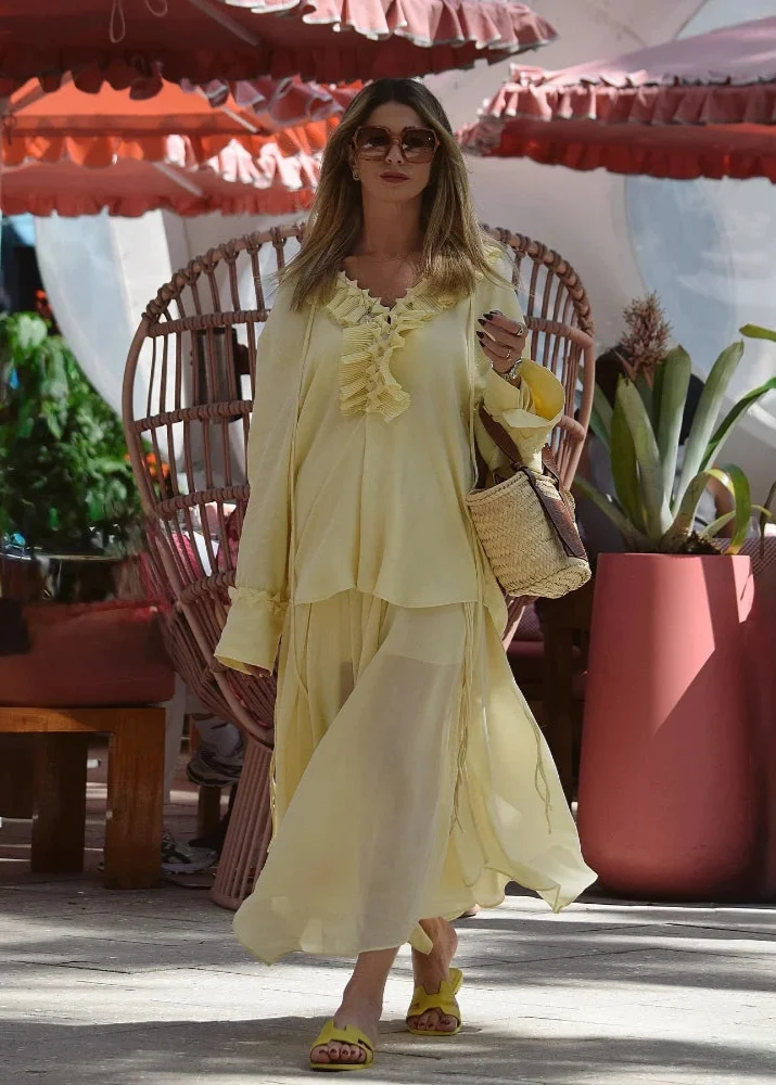 Ensemble Blouse et Jupe Longue Jaune Pastel