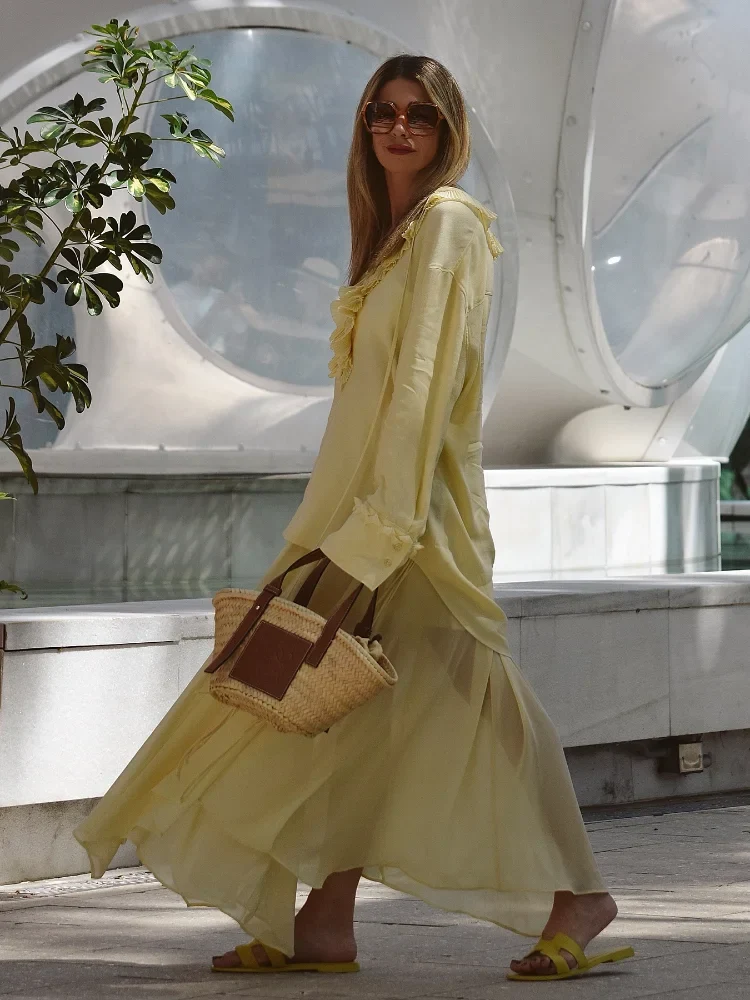Ensemble Blouse et Jupe Longue Jaune Pastel