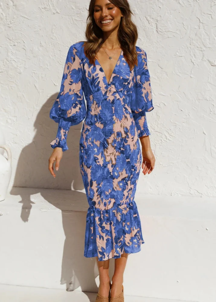 Robe Florale Bleue Manches Lanternes