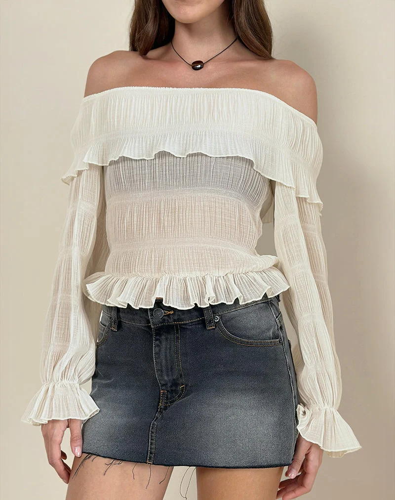 Kalena Long Sleeve Bardot Top in Chiffon Plisse Ivory