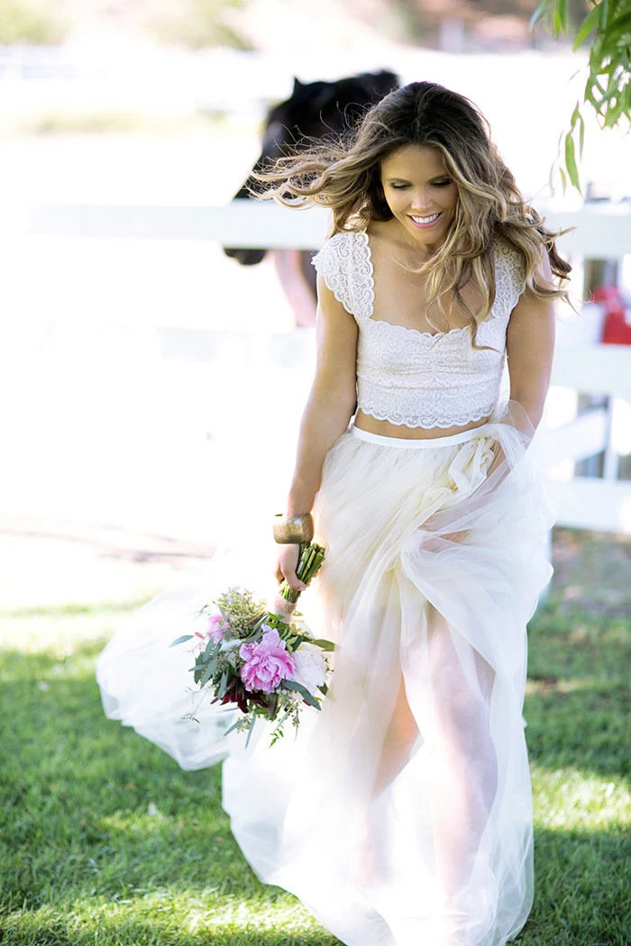Robe de mariée deux pièces en Tulle, haut rustique à manches courtes, jupe en Tulle, séparations de mariée, été
