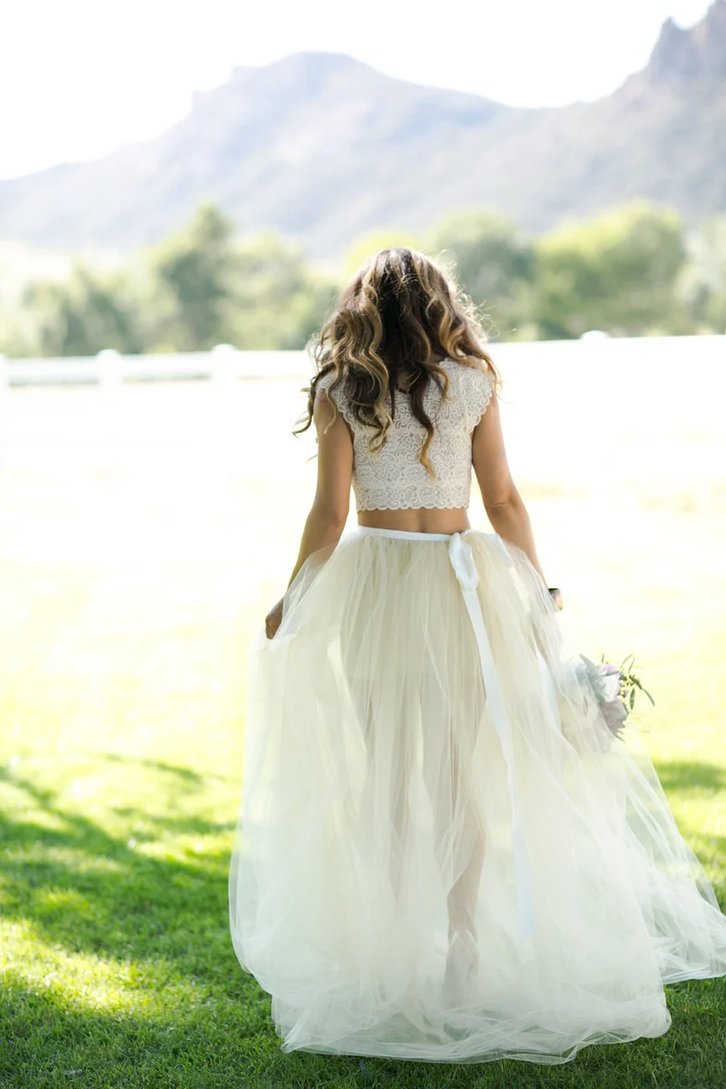 Robe de mariée deux pièces en Tulle, haut rustique à manches courtes, jupe en Tulle, séparations de mariée, été