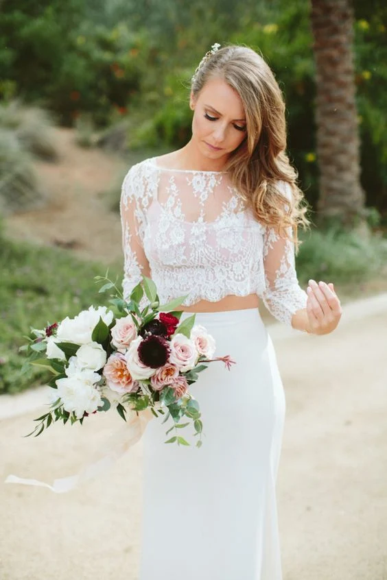 Robe de mariée deux pièces en mousseline de soie, haut court en dentelle style Boho fluide, jupe sirène