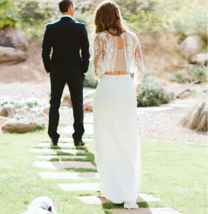Robe de mariée deux pièces en mousseline de soie, haut court en dentelle style Boho fluide, jupe sirène