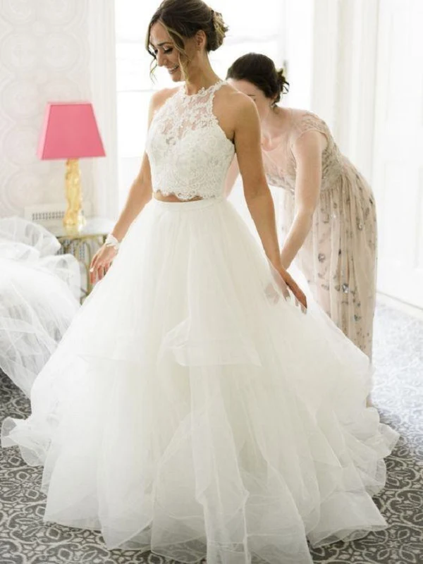 Robe de mariée deux pièces en dentelle, haut court décontracté, col licou, longue, jupe en tulle, séparations de mariée, haut en dentelle