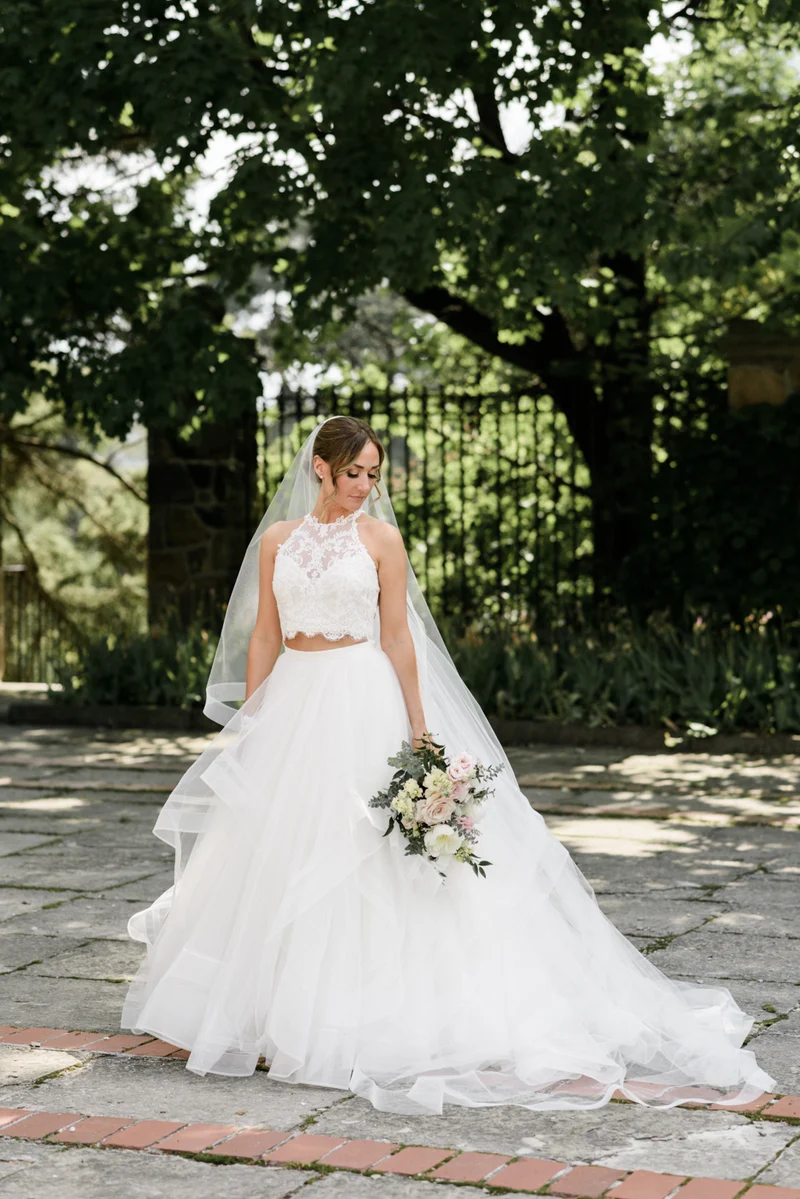 Robe de mariée deux pièces en dentelle, haut court décontracté, col licou, longue, jupe en tulle, séparations de mariée, haut en dentelle