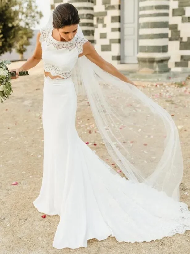 Charmante robe de mariée en dentelle de plage sirène sépare la robe de mariée longue en deux pièces 20082236