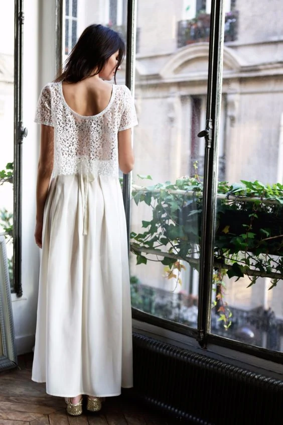 Abordable Flowy Summer Loose Lace Top Longueur de plancher en mousseline de soie Séparations de mariée