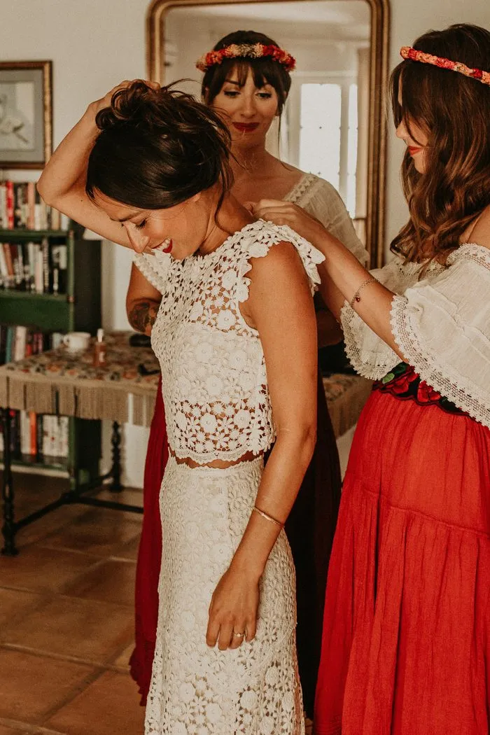 Robe de mariée en dentelle longue sirène décontractée en deux pièces | Crop Top Bridal Sépare