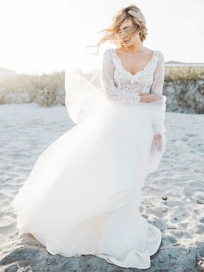 Robe de mariée deux pièces, robe de mariée de plage, haut à manches longues séparé pour la mariée, 20082230