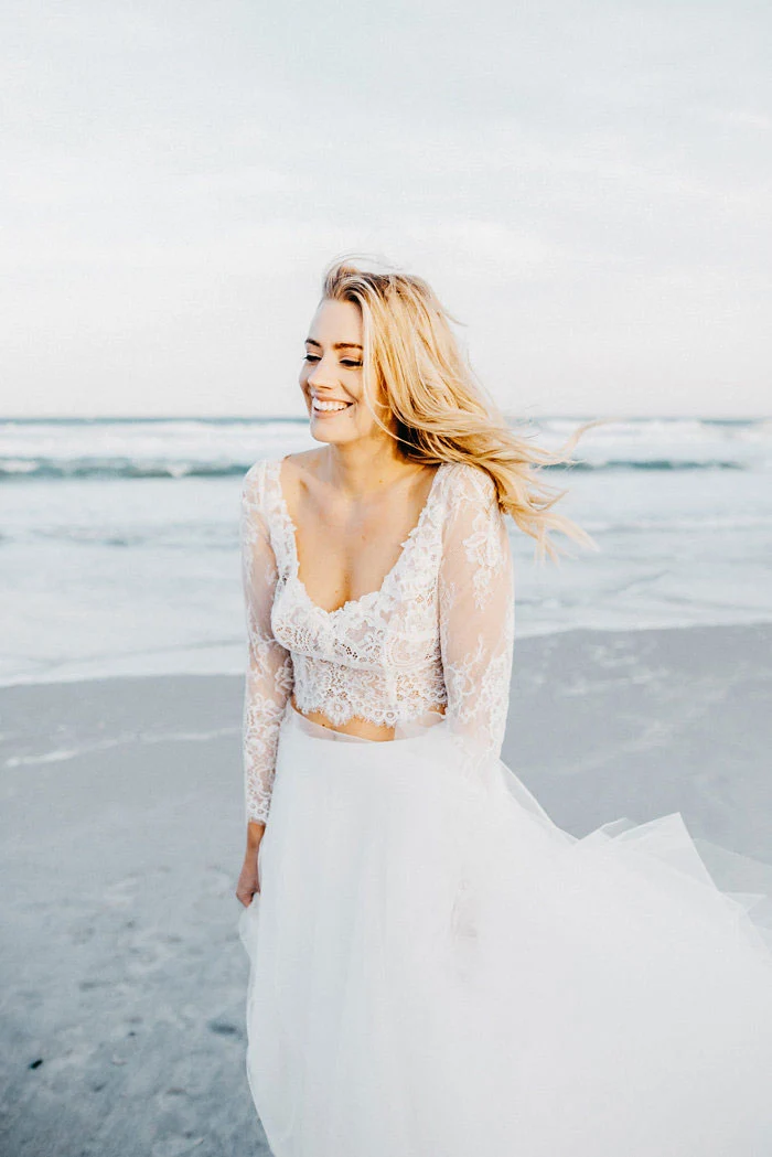 Robe de mariée deux pièces, robe de mariée de plage, haut à manches longues séparé pour la mariée, 20082230