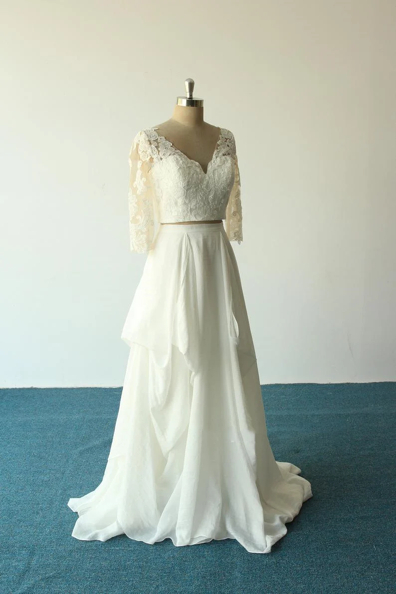 Robe de mariée deux pièces en mousseline de soie, col en V, dentelle, style Boho, manches longues, manches longues