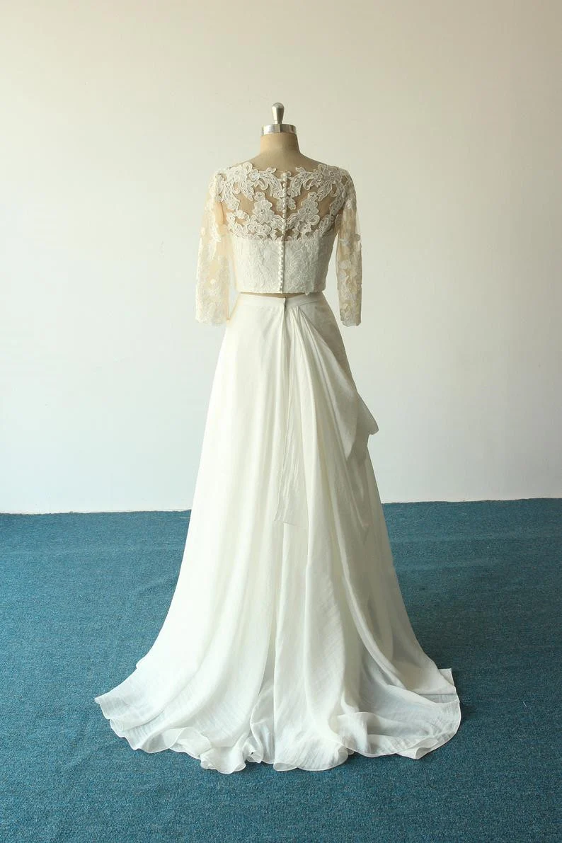 Robe de mariée deux pièces en mousseline de soie, col en V, dentelle, style Boho, manches longues, manches longues