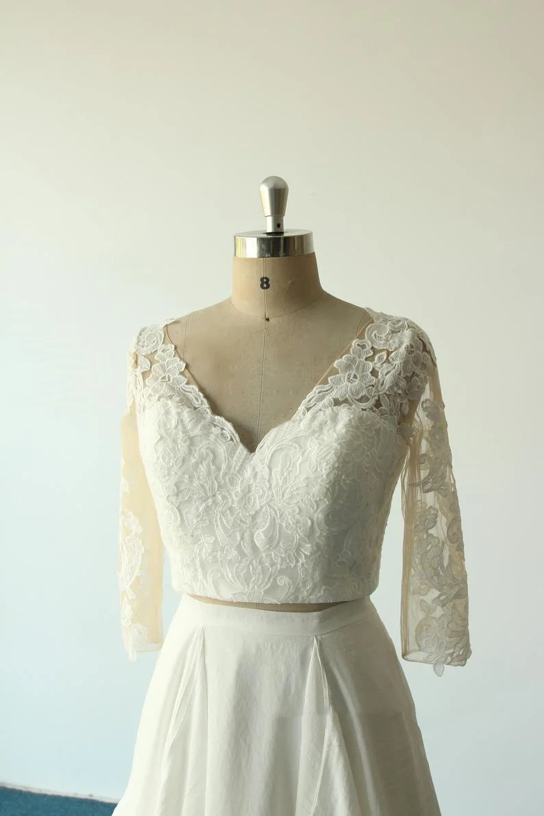 Robe de mariée deux pièces en mousseline de soie, col en V, dentelle, style Boho, manches longues, manches longues