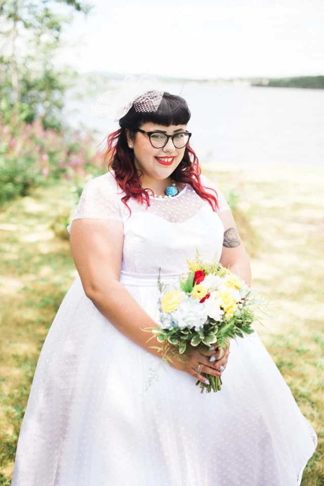 Robe de mariée à manches courtes style campagnard des années 50 à pois longueur thé pour dame grande taille