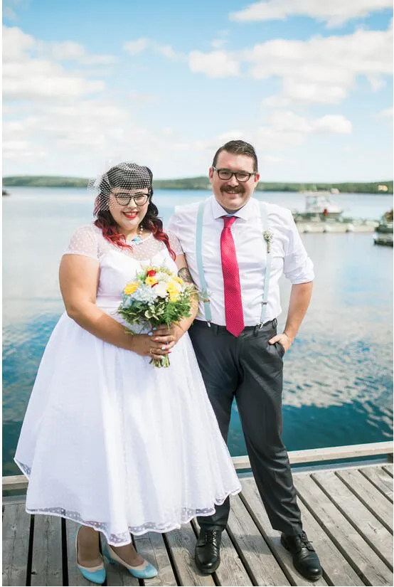 Robe de mariée à manches courtes style campagnard des années 50 à pois longueur thé pour dame grande taille