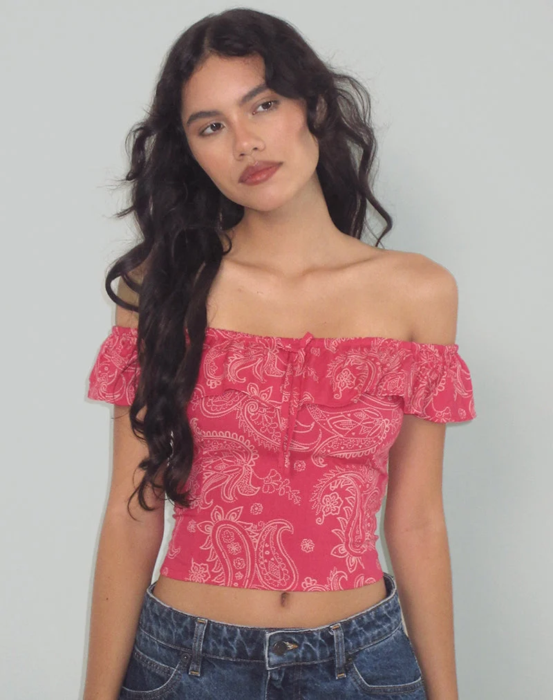 Yokai Bardot Top in Retro Paisley Pink