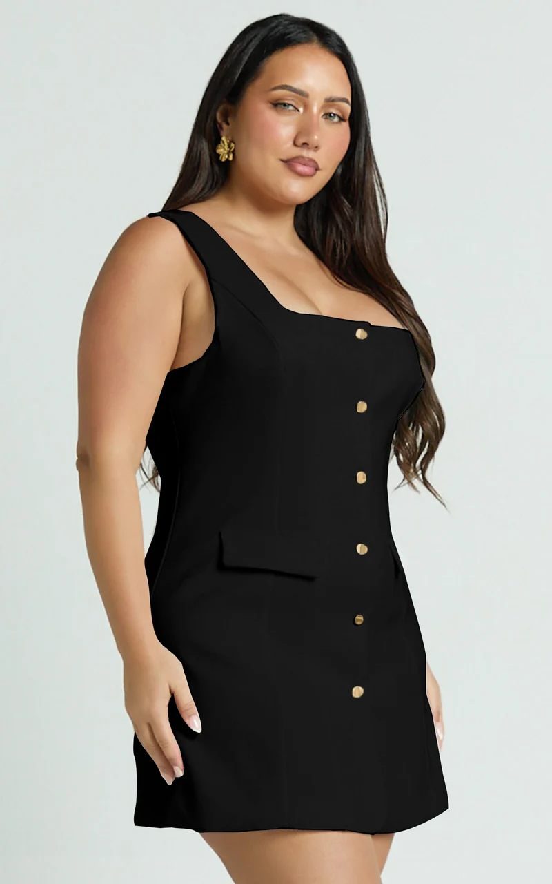Kenna Mini Dress - Square Neck Button Down Mini Dress in Black