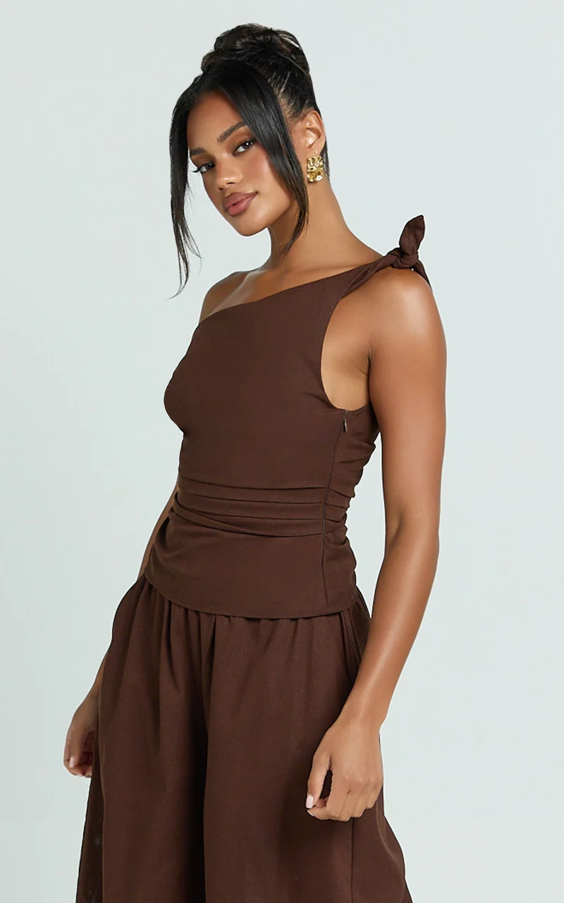 Ivy Top - Linen Off Shoulder Tie Top in Chocolate