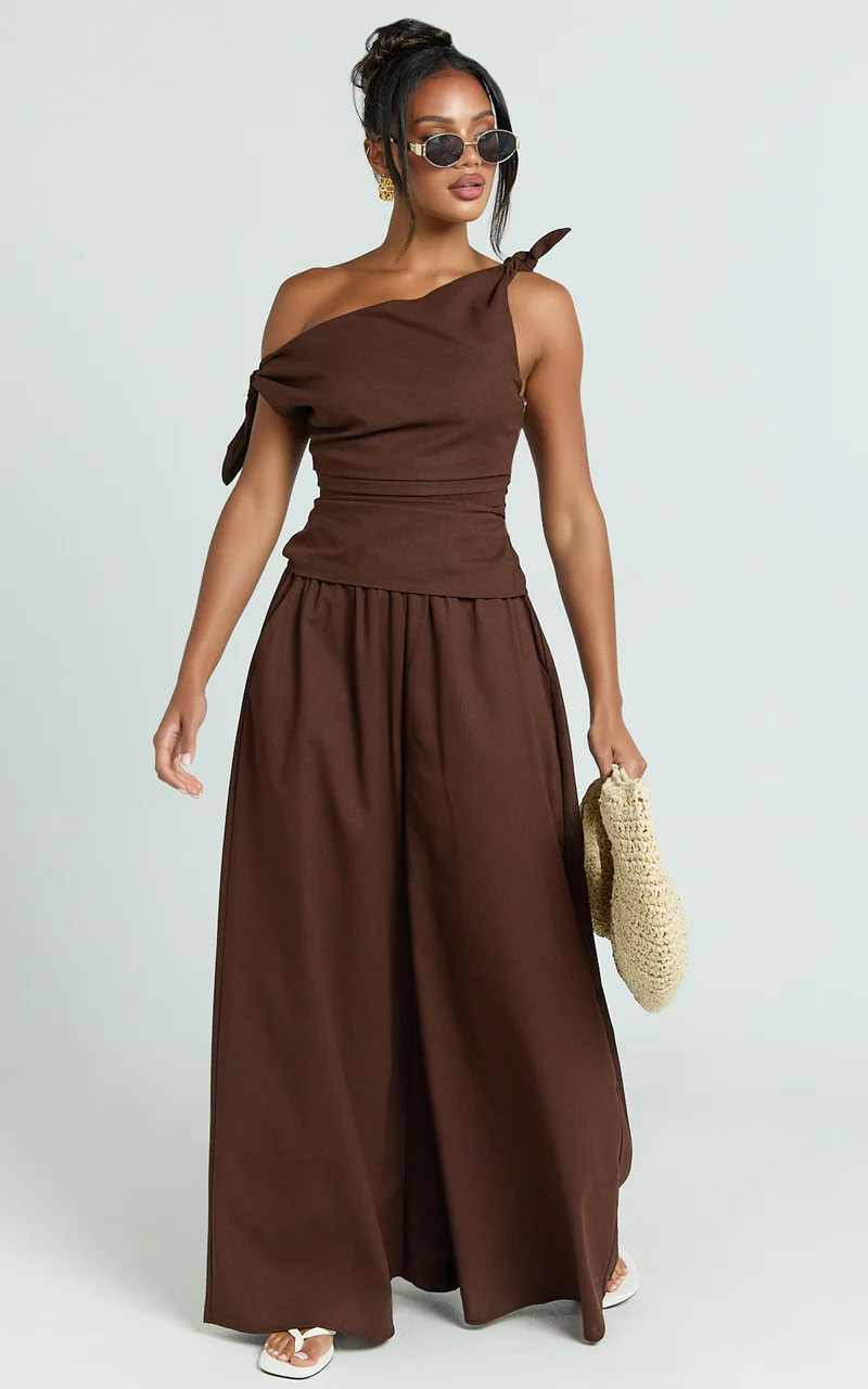 Tamara Pants - High Elasticated Waist Wide Leg Pants in Chocolate