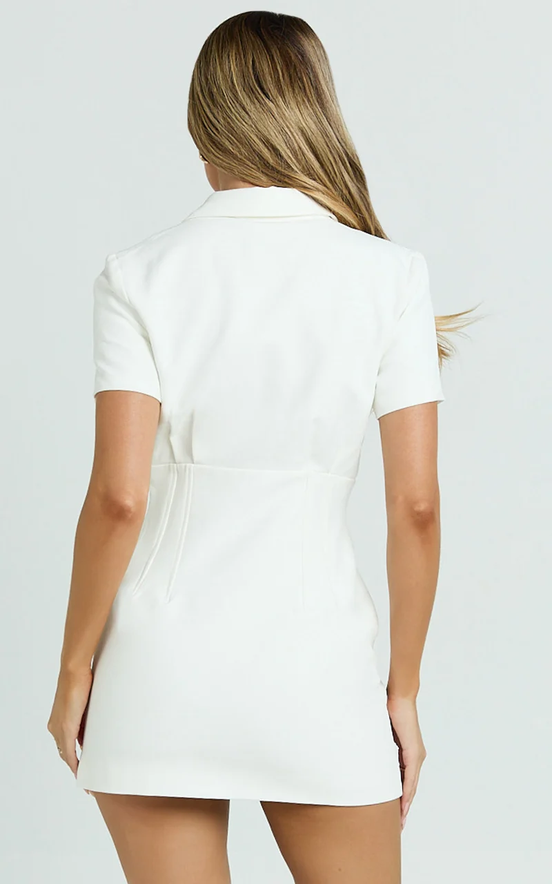 Charity Mini Dress - Placket Front Fitted Shirt Dress in Off White