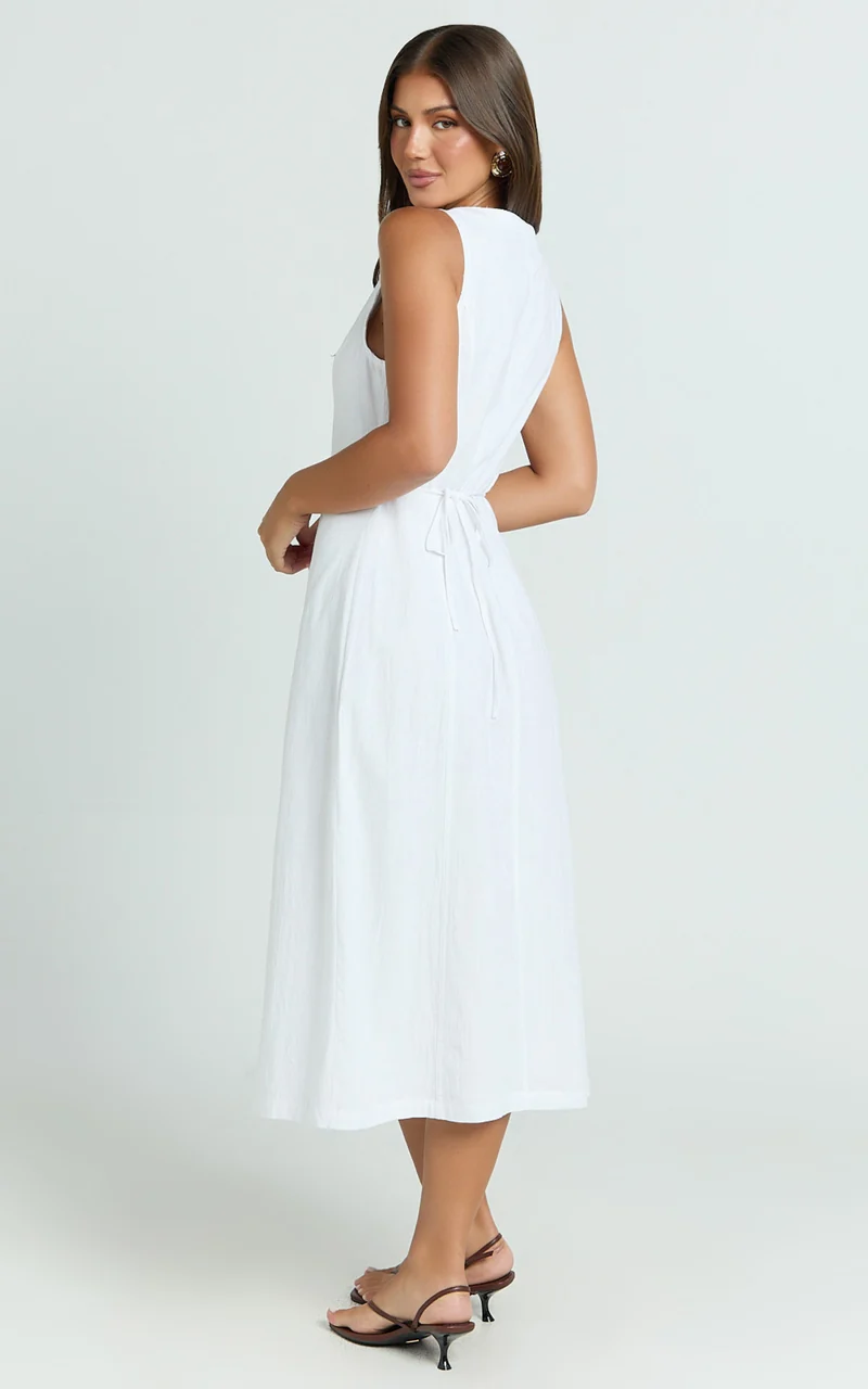 Juliet Midi Dress - Button Through V Neck Dress in White
