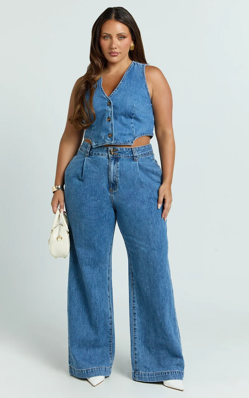 Fergie Top - Denim Crop Vest Top in Mid Blue Wash