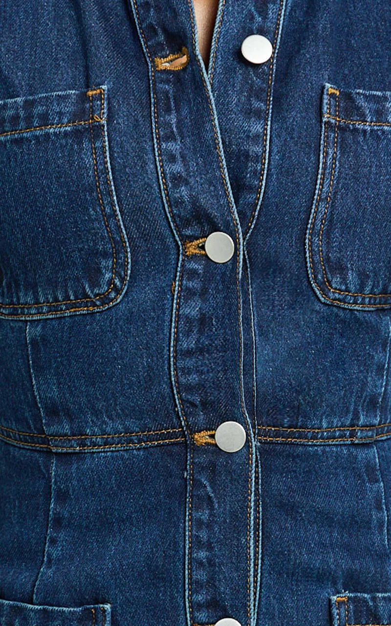 Stephanie Mini Dress - Scoop Neck Pocket Detail Recycled Denim Dress in Indigo Wash