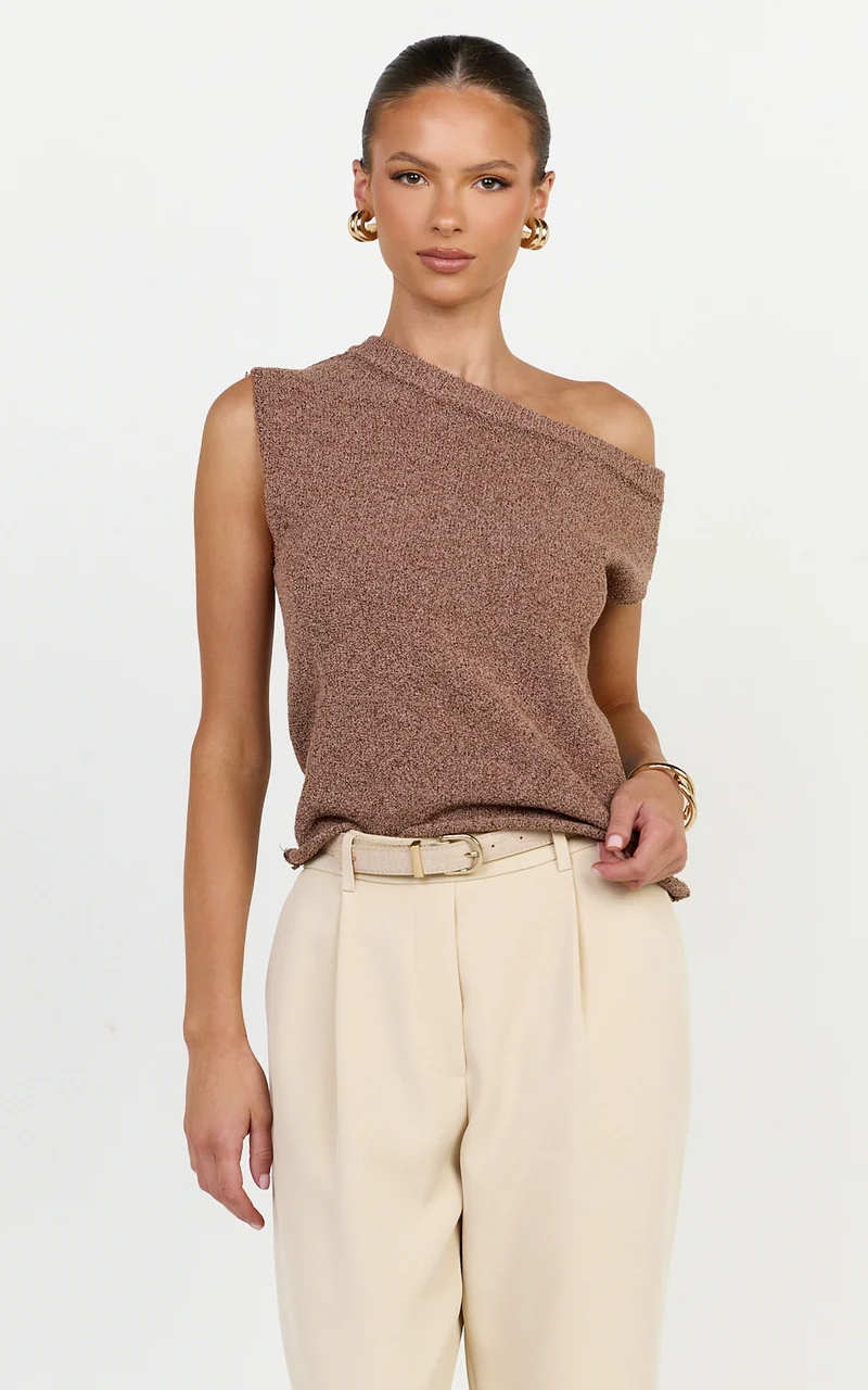 Marilou Top - Knit Off Shoulder Top in Brown