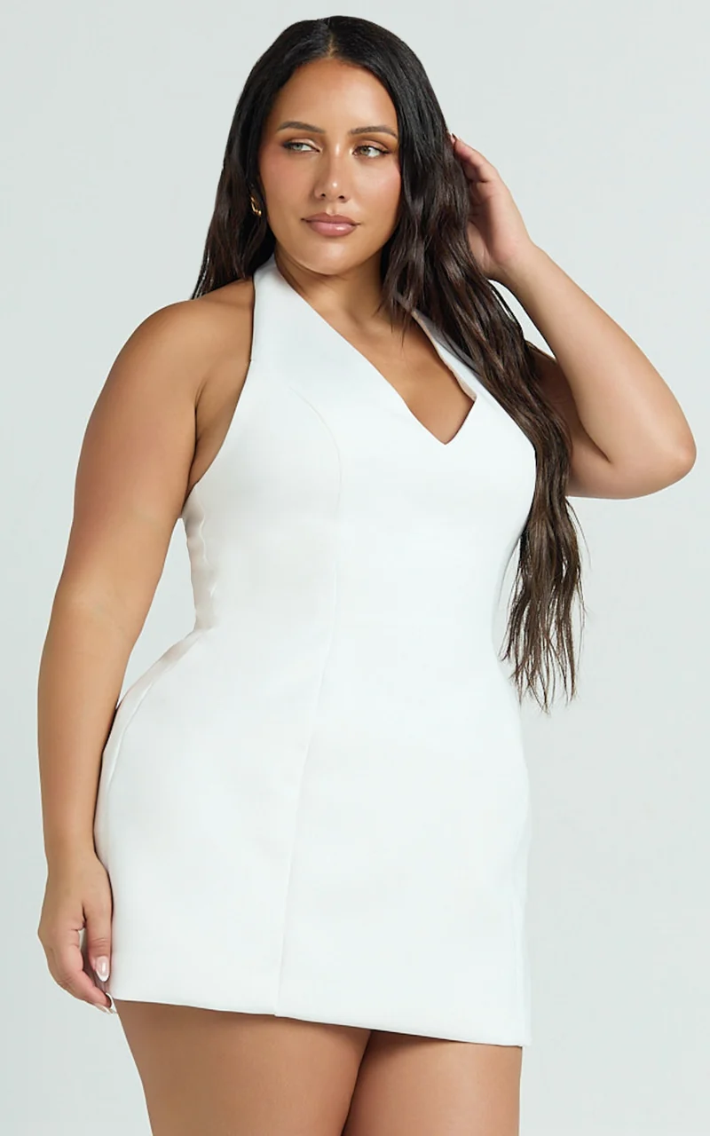 Gaia Mini Dress - Plunge Halter Fit and Flare Dress in White