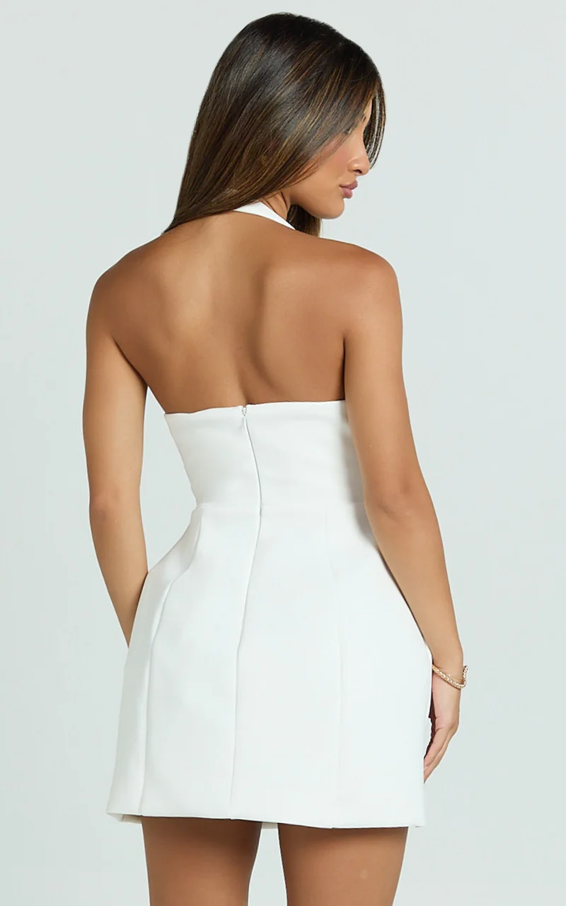 Gaia Mini Dress - Plunge Halter Fit and Flare Dress in White